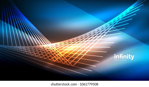 Shiny straight lines on dark background, techno digital modern template. Vector background