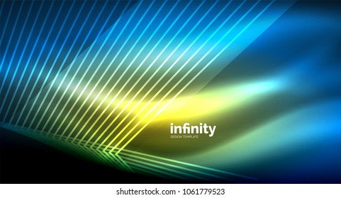 Luminosas líneas rectas sobre fondo oscuro, tecno plantilla digital moderna. Fondo del vector