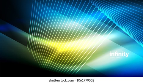 Luminosas líneas rectas sobre fondo oscuro, tecno plantilla digital moderna. Fondo del vector