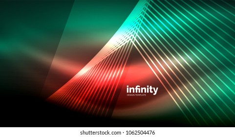 Shiny straight lines on dark background, techno digital modern template. Vector background