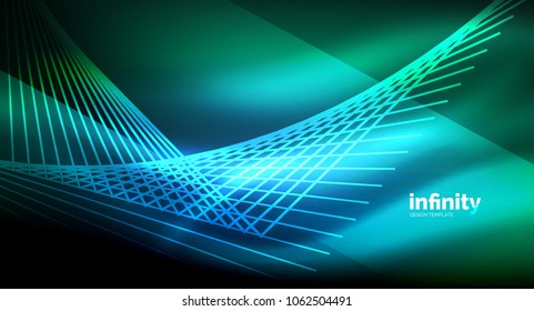 Shiny straight lines on dark background, techno digital modern template. Vector background