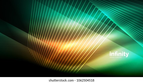 Shiny straight lines on dark background, techno digital modern template. Vector background
