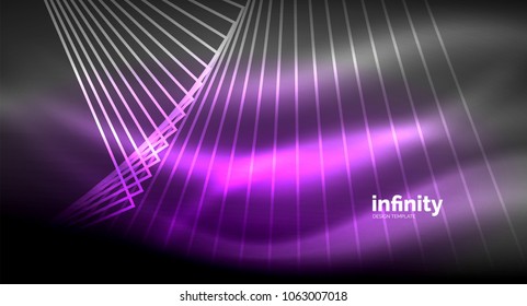 Shiny straight lines on dark background, techno digital modern template. Vector background