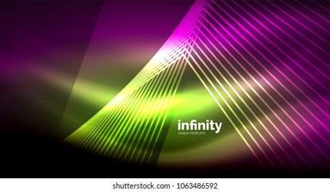 Shiny straight lines on dark background, techno digital modern template. Vector background
