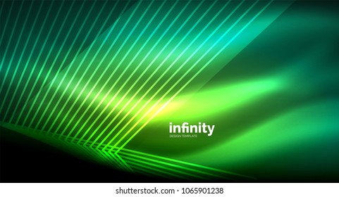 Shiny straight lines on dark background, techno digital modern template. Vector background