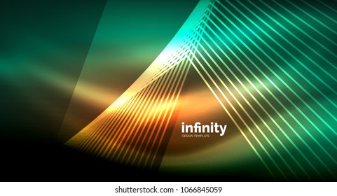 Shiny straight lines on dark background, techno digital modern template. Vector background