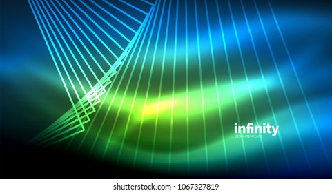 Shiny straight lines on dark background, techno digital modern template. Vector background
