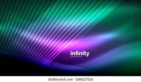 Shiny straight lines on dark background, techno digital modern template. Vector background