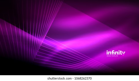 Shiny straight lines on dark background, techno digital modern template. Vector background
