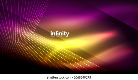 Shiny straight lines on dark background, techno digital modern template. Vector background
