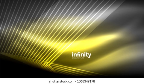 Shiny straight lines on dark background, techno digital modern template. Vector background