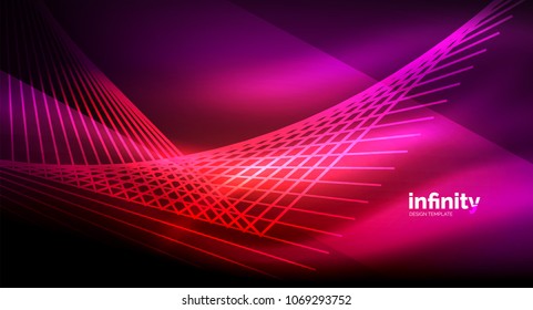 Shiny straight lines on dark background, techno digital modern template. Vector background