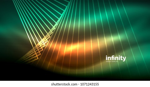 Shiny straight lines on dark background, techno digital modern template. Vector background