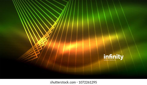 Shiny straight lines on dark background, techno digital modern template. Vector background
