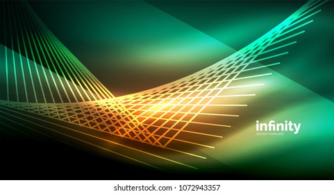 Shiny straight lines on dark background, techno digital modern template. Vector background