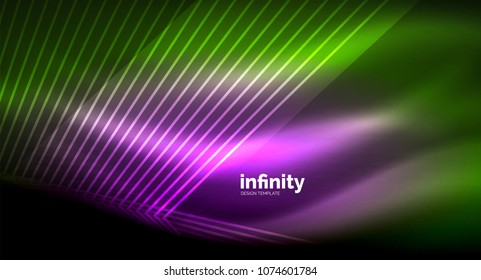 Shiny straight lines on dark background, techno digital modern template. Vector background