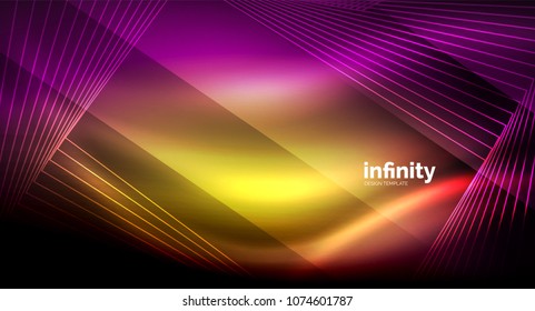 Shiny straight lines on dark background, techno digital modern template. Vector background