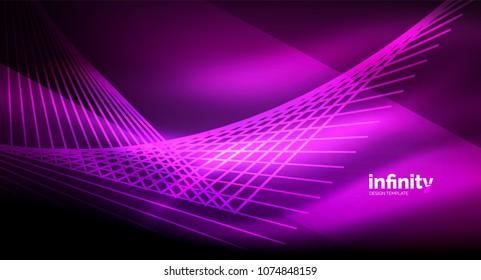 Shiny straight lines on dark background, techno digital modern template. Vector background