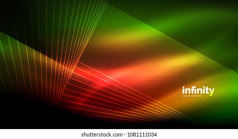 Shiny straight lines on dark background, techno digital modern template. Vector background