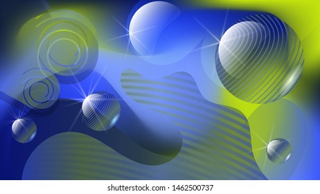 shiny striped balls of various sizes fly in space consisting of abstract blue-green shapes with wavy smooth edges. futuristic wallpaper. vector image