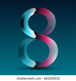 Shiny striped gradient retro 80s number eight (8). Vector illustration