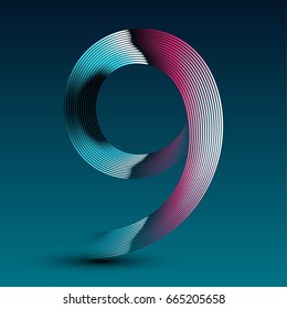 Shiny striped gradient retro 80s number nine (9). Vector illustration