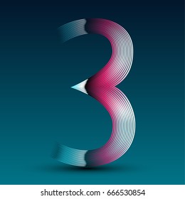 Shiny striped gradient retro 80s number three (3). Vector illustration