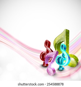 Shiny stylish 3D musical notes with pink waves on shiny grey background.
