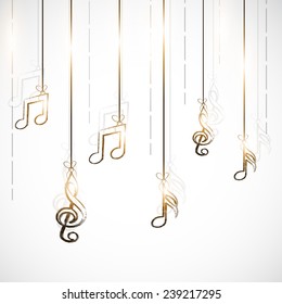 Shiny stylish hanging musical notes on stylish background.