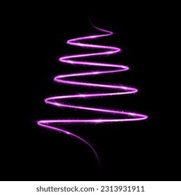 Shiny stylish magical spiral Christmas tree. Stylized purple Merry Christmas tree silhouette from shiny circle particles on black transparent background.