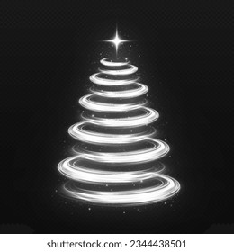 Shiny stylish magical spiral Christmas tree with shining star. Christmas light effect. Winter element.