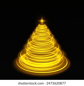Shiny stylish magical spiral Christmas tree with shining star. Stylized golden Christmas tree silhouette from shiny circle particles on transparent background.