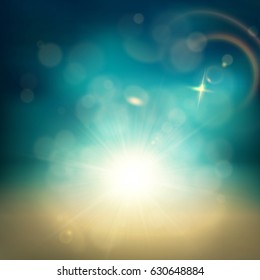 Shiny summer background with glittering sun and light particles. Blue and beige backdrop on vector illustration. Photo effect of vignette.