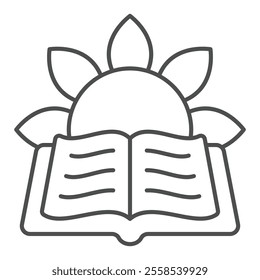 Shiny sun with book thin line icon, children book holiday concept. Vector graphics. Opened textbook sign on white background, outline style icon for mobile or web design