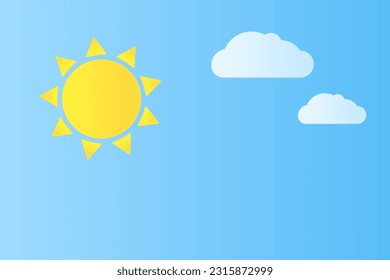 Shiny sun and clouds on blue sky background. Vector illustration.