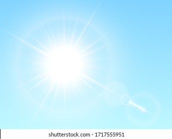 Shiny sun isolated on blue background. Vector illustration