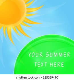 Shiny Sun and Round Green Grassland Background. Vector Nature Illustration with Copy Space for Text.