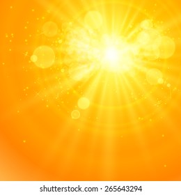 Shiny sun vector, sunbeams, sunrays, bokeh and space for your text