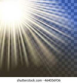 shiny sun vector, sunbeams, sunrays, sunshine design. Yellow warm light effect, sun rays, beams on transparent background.