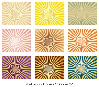 Shiny sunburst pattern background. Sunlight vector illustration. Colorful sun rays set
