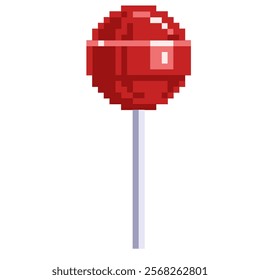 Shiny sweet and tasty cherry and strawberry lollipop candy with bright red color vector pixel art for element, icon, sticker, game