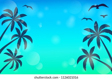 Shiny template with palms and seagulls. Summer concept. Vector.