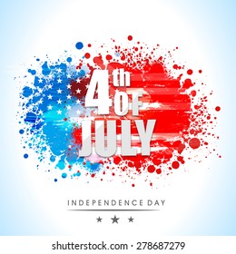 Shiny text 4th of July on national flag colors splash background for American Independence Day celebration.