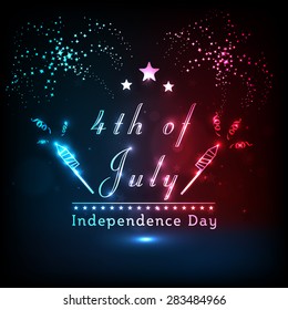 Shiny text 4th of July and sparkling fireworks on stylish background for American Independence Day celebration.