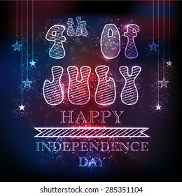 Shiny text 4th of July with stars hanging on colorful background for American Independence Day celebration.