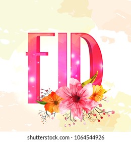 Shiny text Eid mit Aquarellblumen auf beigem Hintergrund dekoriert.