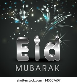 Texto brillante Eid Mubarak con fuegos artificiales en el fondo nocturno para la celebración del festival de la comunidad musulmana.