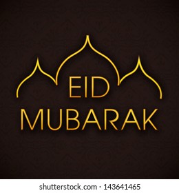 Texto brillante Eid Mubarak con mezquita sobre fondo marrón.