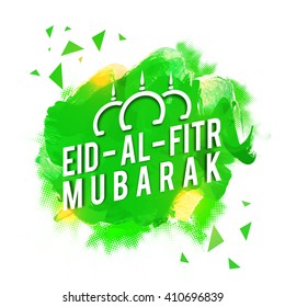 Shiny text Eid-Al-Fitr Mubarak on abstract green background, Elegant greeting card design for Muslim Community Festival celebration.