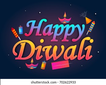 Shiny text Happy Diwali with illuminated oil lit lamp and fire crackers on blue background.